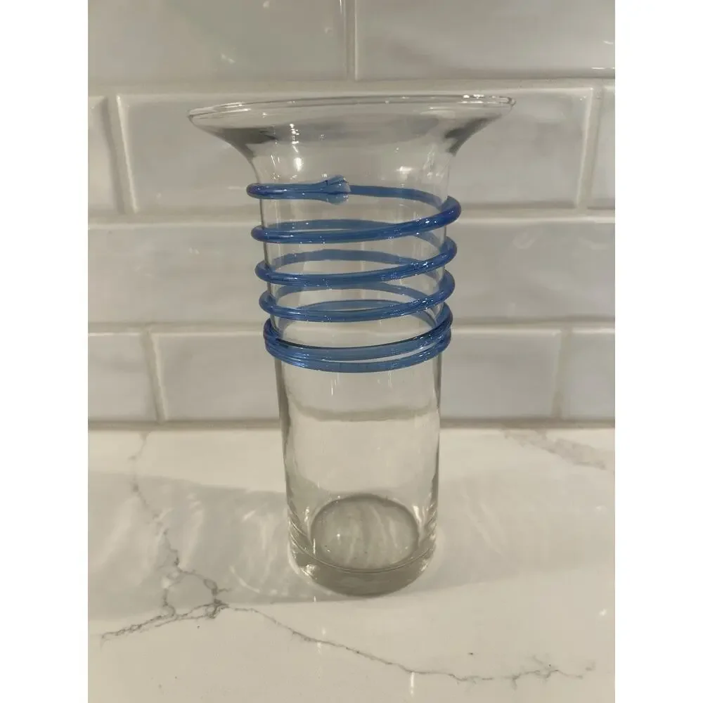 Vintage vase Applied Blue Swirl on Clear Glass Vase 8.75”‎ Art Glass